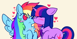 Size: 1250x640 | Tagged: safe, artist:cutiesparke, rainbow dash, twilight sparkle, pegasus, pony, unicorn, g4, :<, alternate hairstyle, blushing, chest fluff, duo, eyes closed, female, floppy ears, heart, horn, lesbian, long mane, mare, one eye closed, raised hoof, ship:twidash, shipping, simple background, spread wings, unicorn twilight, wings, yellow background