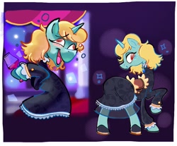 Size: 2048x1698 | Tagged: safe, artist:chipchapp, oc, oc only, oc:kit kat, pony, unicorn, abstract background, black dress, blonde mane, border, brown eyes, canterlot castle interior, clothes, colored, curtains, dancing, derp, dress, drink, drunk, drunk bubbles, duality, eyelashes, female, frilly dress, gala dress, gala outfit, glass, hoof hold, hoof shoes, horn, indoors, lidded eyes, looking back, mare, mint coat, mlptwtgala, open mouth, open smile, raised hoof, smiling, solo, sparkles, standing, unicorn horn, unicorn oc