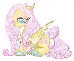 Size: 1560x1287 | Tagged: safe, artist:eyerealm, angel bunny, fluttershy, pegasus, pony, rabbit, g4, alternate design, animal, big eyes, blushing, colored hooves, curly mane, curly tail, duo, duo male and female, eyelashes, female, flower, flower in hair, flower in tail, folded wings, lidded eyes, male, mare, pink mane, pink tail, profile, shiny hooves, simple background, sitting, smiling, solo, tail, teal eyes, white background, wing fluff, wingding eyes, wings, yellow coat