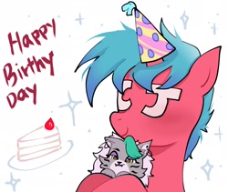 Size: 2048x1726 | Tagged: safe, artist:petaltwinkle, oc, oc only, oc:cj (chikin), pony, unicorn, birthday art, blue mane, blushing, cake, five nights at freddy's, five nights at freddy's: security breach, food, gift art, hat, hat on horn, hoof hold, horn, male, party hat, plushie, red coat, roxanne wolf, simple background, smiling, solo, sparkles, stallion, text, unicorn oc, unusual eyes, unusual pupils, white background