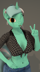 Size: 2160x3840 | Tagged: safe, alternate version, artist:~stuffguy123, lyra heartstrings, anthro, 3d, clothes, hand on hip, looking at you, one eye closed, peace sign, simple background, source filmmaker, tongue out, wink