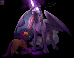 Size: 891x700 | Tagged: safe, artist:foxenawolf, sunny starscout, twilight sparkle, alicorn, earth pony, pony, g5, angry, duo, ears back, glowing, glowing eyes, glowing horn, hooves, horn, sunny and her heroine, twilight sparkle (alicorn), unshorn fetlocks