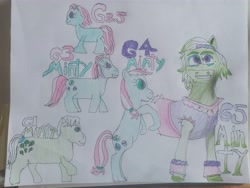 Size: 3455x2603 | Tagged: safe, artist:blackblade360, minty, minty (g1), minty (g4), minty (g5), earth pony, pony, g1, g3, g3.5, g4, g5, bow, colored pencil drawing, detailed mane, female, generation leap, green coat, mare, missing cutie mark, multiple characters, outfit, pink mane, rearing, shading, smiling, tail, tail bow, title card, traditional art, two toned mane, two toned tail, white mane
