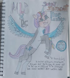 Size: 2604x2904 | Tagged: safe, artist:blackblade360, sunny starscout, alicorn, pony, g5, alternate cutie mark, artificial alicorn, blue lantern, blue wings, clothes, colored pencil drawing, crossover, dc comics, emotional spectrum, female, flying, logo, looking up, mane stripe sunny, mare, multicolored mane, orange coat, race swap, smiling, spread wings, sunnycorn, superhero, superhero costume, tail, title card, traditional art, two toned tail, uniform, unshorn fetlocks, wings