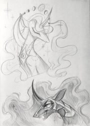 Size: 1080x1496 | Tagged: safe, artist:owl_clare, nightmare moon, princess luna, alicorn, pony, black and white, curved horn, fangs, female, grayscale, headdress, helmet, horn, mare, monochrome, peytral, simple background, sketch, traditional art, white background
