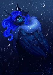 Size: 1453x2048 | Tagged: safe, artist:owl_clare, princess luna, alicorn, pony, g4, clothes, curved horn, facial markings, female, horn, jewelry, looking at you, looking back, looking back at you, mare, regalia, snow, snowfall, solo, wingding eyes