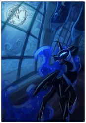 Size: 1507x2160 | Tagged: safe, artist:owl_clare, nightmare moon, alicorn, pony, g4, fangs, female, full moon, helmet, hoof shoes, mare, moon, night, peytral, slit pupils, solo, window