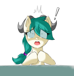 Size: 818x834 | Tagged: safe, artist:nac0n, capricorn (g4), earth pony, pony, capricorn, exclamation point, eye clipping through hair, female, mare, open mouth, ponyscopes, shocked, shocked expression, simple background, solo, white background