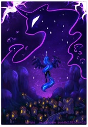 Size: 1491x2160 | Tagged: safe, artist:owl_clare, princess luna, tantabus, alicorn, pony, unicorn, do princesses dream of magic sheep, g4, duo, female, flying, horn, mare, mountain, night, ponyville, river, scenery, spread wings, water, wings