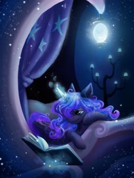 Size: 1417x1889 | Tagged: safe, artist:owl_clare, princess luna, alicorn, pony, g4, bed, female, hair over one eye, in bed, lying down, magic, mare, prone, reading, solo, telekinesis