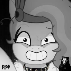 Size: 720x720 | Tagged: safe, edit, edited screencap, screencap, pipp petals, pegasus, pony, as the misty clears, g5, my little pony: tell your tale, black and white, black metal, dark, evil smile, eyebrows, female, grayscale, grin, makeup, mare, messy mane, metalhead, monochrome, pippamena, raised eyebrow, scp foundation, smiling, solo
