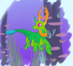 Size: 1570x1424 | Tagged: safe, artist:the---robbie72, thorax, changedling, changeling, shrimp, g4, air bubble, bubble, coral, fish tail, flowing tail, gem, horns, king thorax, male, ocean, scales, seaweed, shrimpified, solo, species swap, swimming, tail, turned head, underwater, water