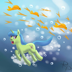 Size: 2000x2000 | Tagged: safe, artist:ruberphoenix, pisces (g4), fish, pony, unicorn, bubble, female, horn, mare, open mouth, pisces, ponyscopes, solo, solo female, underwater, water