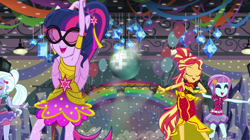 Size: 1280x718 | Tagged: safe, screencap, sci-twi, sugarcoat, sunny flare, sunset shimmer, twilight sparkle, equestria girls, equestria girls specials, g4, my little pony equestria girls: dance magic, dance magic (song), disco ball, flamenco dress, sunset shimmer flamenco dress
