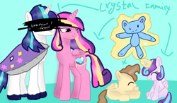 Size: 1080x630 | Tagged: safe, artist:milochanz!, derpibooru exclusive, princess cadance, princess flurry heart, 2022, base used, cape, clothes, colt, crystal family, female, filly, foal, magic, magic aura, male, mare, old art, plushie, shipping, stallion, teddy bear, unknown