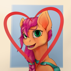 Size: 2000x2000 | Tagged: safe, artist:tenebrisnoctus, sunny starscout, earth pony, pony, g5, bust, female, gradient background, heart, high res, looking at you, mare, open mouth, open smile, passepartout, smiling, smiling at you, solo