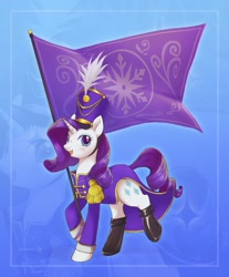 Size: 1692x2048 | Tagged: safe, artist:g4bby, rarity, pony, unicorn, g4, ancient wonderbolts uniform, blue background, clothes, crystal empire flag, cute, female, flag, gradient background, horn, looking at you, mare, sgt. rarity, shoes, smiling, smiling at you, solo, uniform, zoom layer