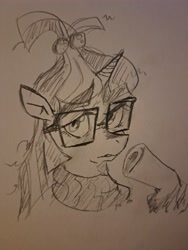 Size: 3468x4624 | Tagged: safe, artist:notsafeforsanity, moondancer, unicorn, g4, bust, clothes, glasses, horn, pencil drawing, portrait, sketch, solo, sweater, traditional art