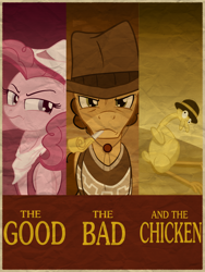 Size: 1800x2400 | Tagged: safe, artist:sixes&sevens, boneless, cheese sandwich, pinkie pie, earth pony, cowboy hat, hat, party horn, poster, the good the bad and the ugly