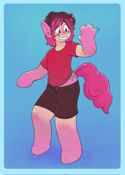 Size: 1461x2048 | Tagged: safe, artist:dondedun, pinkie pie, earth pony, human, pony, bean mouth, blush sticker, blushing, clothes, human to pony, smiling, solo, transformation