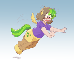 Size: 1983x1631 | Tagged: safe, artist:dondedun, oc, oc only, human, pegasus, pony, clothes, falling, gradient background, human to pony, open mouth, solo, transformation