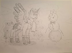 Size: 1699x1249 | Tagged: safe, artist:cluterdrop, princess luna, alicorn, pony, g4, boots, bowtie, clothes, female, grin, mare, monochrome, scarf, shoes, smiling, snow, snowman, solo, spread wings, traditional art, wings