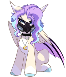 Size: 1080x1253 | Tagged: safe, artist:skyboundsiren, oc, oc:dreamy nightfall, bat pony, angry, collar, ears back, female, hybrid wings, jewelry, looking at you, mask, necklace, slit eyebrow, wings