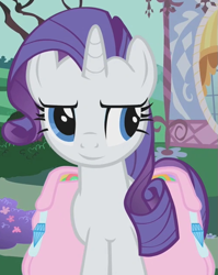 Size: 505x635 | Tagged: safe, edit, edited screencap, editor:twilyisbestpone, screencap, rarity, pony, unicorn, g4, season 1, swarm of the century, bag, carousel boutique, cropped, female, horn, inverted mouth, looking at something, mare, saddle bag, smiling, solo