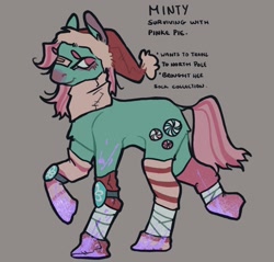 Size: 1560x1492 | Tagged: safe, artist:venus_ai_, minty, earth pony, pony, g3, apocalypse, armor, armored pony, bandage, bandaid, bandaid on nose, blood, christmas, clothes, cyan coat, glitter, hat, holiday, implied pinkie pie, infection, infection au, mlp infection, pink eyes, pink mane, pink tail, reference sheet, santa hat, smiling, socks, tail, two toned mane, two toned tail, virus