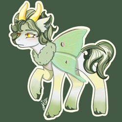 Size: 3072x3072 | Tagged: safe, artist:duckyia, oc, alicorn, butterfly, insect, moth, pony, chest fluff, ear fluff, eyebrows, folded wings, gradient hooves, green, green background, hooves, horns, raised hoof, short hair, short mane, short tail, simple background, solo, spots, tail, unshorn fetlocks, wings, yellow eyes