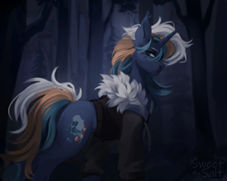 Size: 2560x2048 | Tagged: safe, artist:sweettsa1t, oc, oc only, pony, unicorn, clothes, commission, ear fluff, ear tufts, forest, horn, jacket, nature, solo, tree