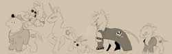 Size: 4096x1293 | Tagged: safe, artist:oat-pup, earth pony, pegasus, pony, unicorn, allan red, angry, beige background, bracelet, charlie dompler, clothes, coat, curved horn, dot eyes, flying, furless, furrowed brow, glep, gnarly, grim, group, happy, hat, hoodie, horn, jewelry, leonine tail, liver spots, looking at each other, looking at someone, male, narrowed eyes, neck fluff, pim pimling, ponified, raised hoof, sharp teeth, shirt, short horn, simple background, smiling, smiling at each other, smiling friends, stubble, sweat, sweatdrop, tail, teeth, trenchcoat, watch, wizard hat