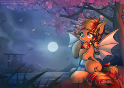 Size: 4961x3508 | Tagged: safe, artist:chaosangeldesu, oc, oc only, oc:flaming hoof, bat pony, pony, bat pony oc, bat wings, cherry blossoms, cloud, commission, cute, flower, flower blossom, moon, night, river, solo, water, wings