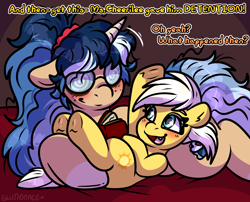 Size: 2000x1619 | Tagged: safe, artist:sexygoatgod, sunny daze, oc, oc:depraved daydream, earth pony, pony, unicorn, g4, age difference, canon x oc, cuddling, cute, cute little fangs, fangs, female, filly, foal, horn, mare