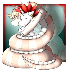 Size: 1689x1785 | Tagged: safe, artist:thebenalpha, oc, oc only, oc:peach "cassiopeia" blossom, oc:ryoku memori, alicorn, lamia, original species, pony, coiling, coils, duo, eyes closed, folded wings, hug, plushie, wings