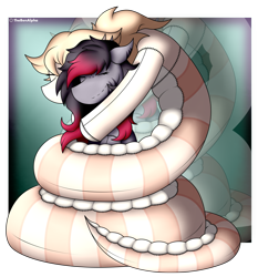 Size: 1669x1791 | Tagged: safe, artist:thebenalpha, oc, oc only, oc:madelinne, oc:peach "cassiopeia" blossom, earth pony, lamia, original species, pony, coiling, coils, duo, eyes closed, hug, plushie