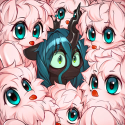 Size: 1920x1920 | Tagged: safe, artist:minekoo2, queen chrysalis, oc, oc:fluffle puff, changeling, changeling queen, earth pony, pony, canon x oc, female, mare, multeity, tongue out