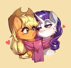 Size: 2048x1970 | Tagged: safe, artist:minekoo2, applejack, rarity, earth pony, unicorn, g4, clothes, duo, duo female, female, freckles, hat, heart, horn, lesbian, mare, scarf, shared clothing, shared scarf