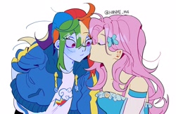Size: 2300x1500 | Tagged: safe, artist:pelma, fluttershy, rainbow dash, human, equestria girls, g4, my little pony equestria girls: better together, blushing, cheek kiss, clothes, dress, duo, duo female, female, fluttershy boho dress, jacket, kissing, lesbian, ship:flutterdash, shipping, simple background, surprise kiss, white background