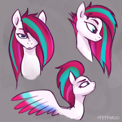 Size: 2048x2048 | Tagged: safe, artist:pfeffaroo, zipp storm, pegasus, pony, g5, alternate hairstyle, bust, colored wings, female, gray background, high res, long mane, long mane zipp, mare, multicolored hair, multicolored mane, multicolored wings, simple background, solo, spread wings, wings
