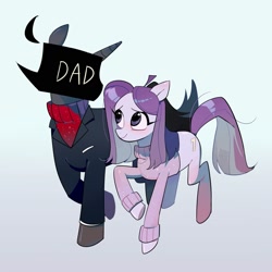 Size: 2000x2000 | Tagged: safe, artist:pelma, earth pony, pony, unicorn, clothes, duo, female, gradient background, horn, lila (spooky month), male, mare, ponified, spooky month, stallion, sweater
