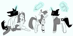 Size: 2000x1000 | Tagged: safe, artist:pelma, earth pony, pony, unicorn, clothes, cross-popping veins, dress, duo, duo male and female, emanata, female, horn, lila (spooky month), magic, male, mare, milk carton, mouth hold, ponified, ruler, simple background, sitting, spooky month, stallion, sweater, telekinesis, white background