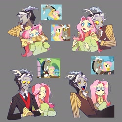 Size: 2200x2200 | Tagged: safe, artist:pelma, discord, fluttershy, draconequus, human, pegasus, pony, clothes, duo, duo male and female, elf ears, facial hair, female, gloves, goatee, gray background, hand on chin, headlock, holding a pony, horn, horned humanization, humanized, long tongue, male, mare, moustache, necktie, noogie, scene interpretation, screencap reference, shipping fuel, simple background, snaggletooth, suit, tongue out, waistcoat