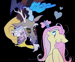 Size: 2400x2000 | Tagged: safe, artist:pelma, discord, fluttershy, breezie, draconequus, pegasus, pony, black background, breeziefied, duo, duo male and female, female, floating heart, heart, jar, male, mare, ship:discoshy, shipping, simple background, snaggletooth, species swap, straight