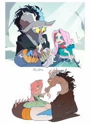Size: 2200x3000 | Tagged: safe, artist:pelma, discord, fluttershy, bird, draconequus, human, g4, beauty and the beast, blushing, cloak, clothes, disney, dress, duo, duo male and female, female, humanized, interspecies, looking at each other, looking at someone, male, ship:discoshy, shipping, straight, winter, winter outfit