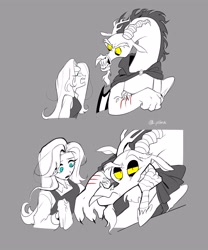 Size: 2500x3000 | Tagged: safe, artist:pelma, discord, fluttershy, draconequus, human, beauty and the beast, cloak, clothes, duo, duo male and female, female, gray background, gritted teeth, humanized, injured, male, scratches, sharp teeth, ship:discoshy, shipping, simple background, snaggletooth, straight, teeth