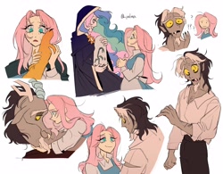 Size: 3200x2500 | Tagged: safe, artist:pelma, discord, fluttershy, princess celestia, draconequus, human, arm hair, beauty and the beast, chest hair, cloak, clothes, confused, duo, duo male and female, elf ears, female, humanized, male, question mark, ship:discoshy, shipping, shirt, straight, wet