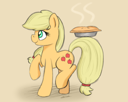 Size: 2500x2000 | Tagged: safe, artist:kenzie, derpibooru exclusive, applejack, earth pony, pony, g4, apple, apple pie, applebetes, cute, female, food, happy, hatless, high res, holding, mare, missing accessory, paint tool sai, pie, pie tin, prehensile tail, profile, raised hoof, raised leg, side view, signature, simple background, simple shading, smiling, solo, standing on two hooves, steam, tail, tail hold, walking