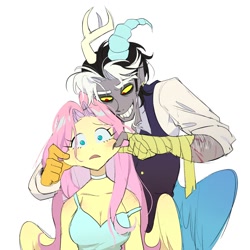 Size: 2000x2000 | Tagged: safe, artist:pelma, discord, fluttershy, human, bandage, blushing, breasts, cheek pinch, choker, cleavage, clothes, dress, duo, duo male and female, ear piercing, earring, elf ears, female, grin, horn, horned humanization, humanized, jewelry, male, piercing, pulling, scar, simple background, smiling, strap slip, trollcord, waistcoat, white background, winged humanization, wings