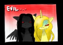 Size: 506x359 | Tagged: safe, artist:hellworldnohope, oc, oc only, pegasus, pony, unicorn, abstract background, duo, duo female, evil, female, horn, mare, red eyes